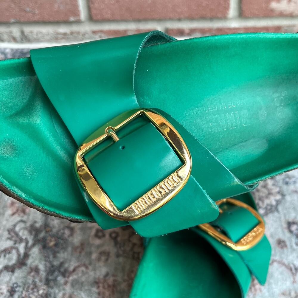 Birkenstock Madrid Green Leather Slide Sandals / Women's 40 / Big Buckle Gold - Picture 9 of 10